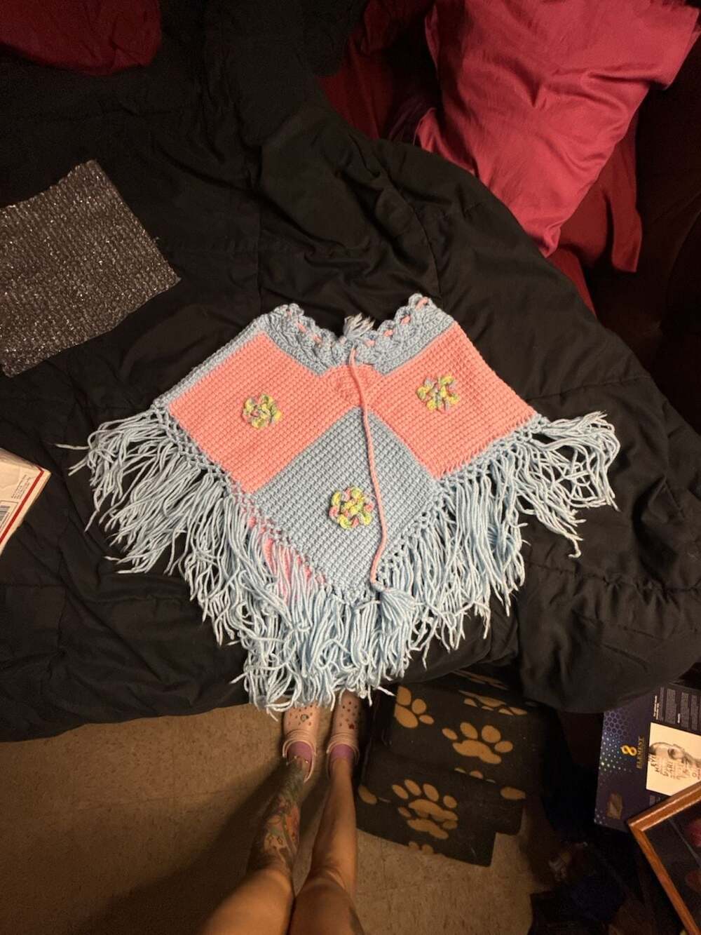Handmade Crochet Girls Poncho with Fringe and Floral Details